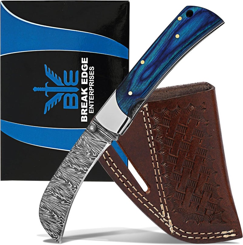 BE BREAK EDGE Hawkbill Knife,Folding Pocket Knife with Curved Blade, Lineman Tools,Blue pakkawood Handle Pattern,Damascus Steel Construction - Image 1